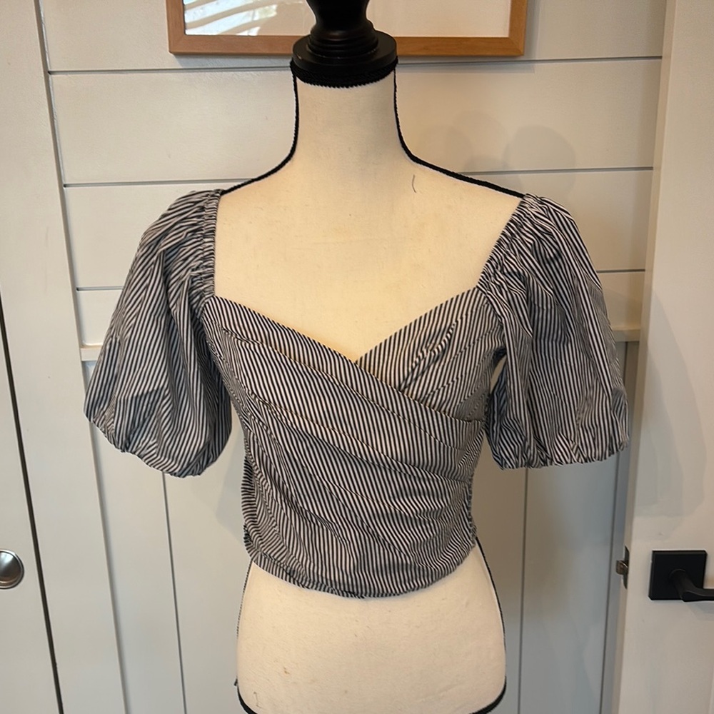 J. Crew Black and White Puff Sleeve Crop Blouse